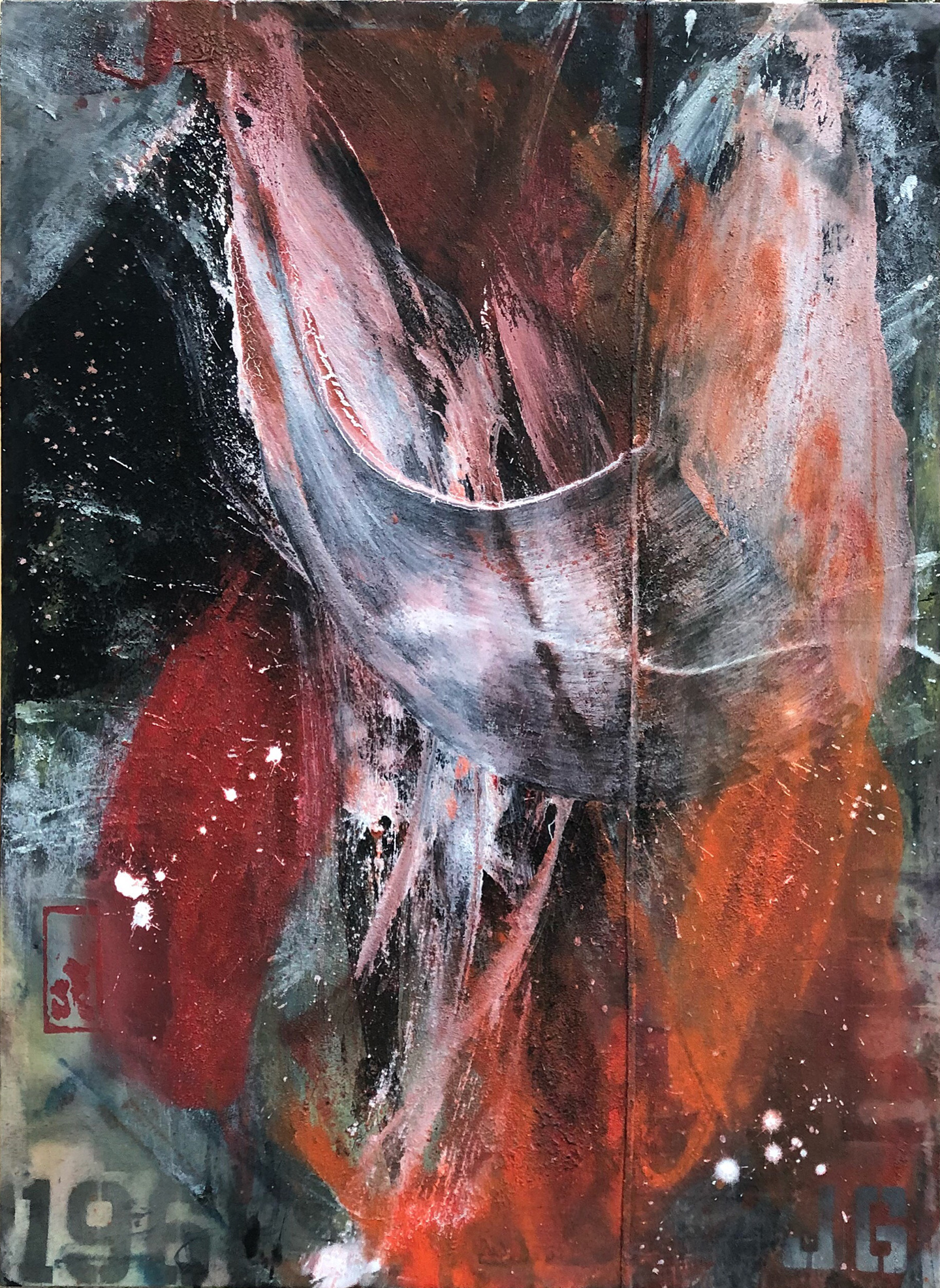  James Greco, 1968 no 14, 2018, acrylic, latex, oil, sand on drop cloth, 46” x 66”