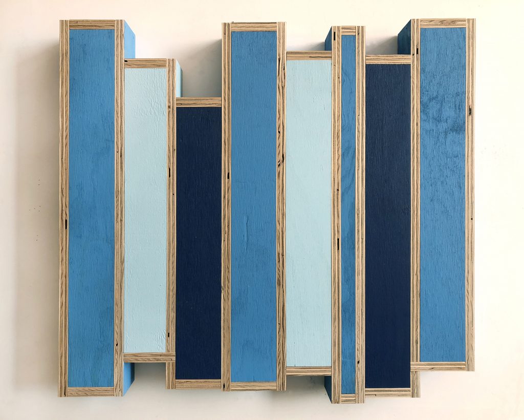 GT Pellizzi, Frequency Hopping in Azure, Celeste and Blue (Figure 25), 2018, eggshell acrylic on plywood, 29.5” x 32.5”
