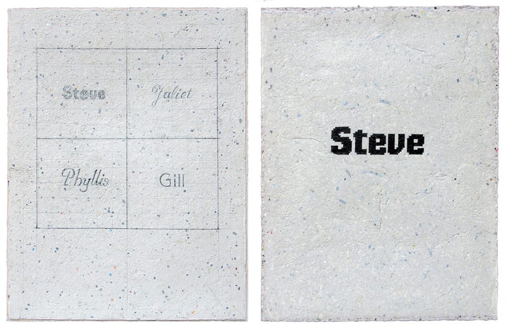 Steve Rockwell, Steve, Juliet, Phyllis, Gill (left), and Steve (right), 2018, pencil and acrylic on dArt International paper, 21 x 16 inches each