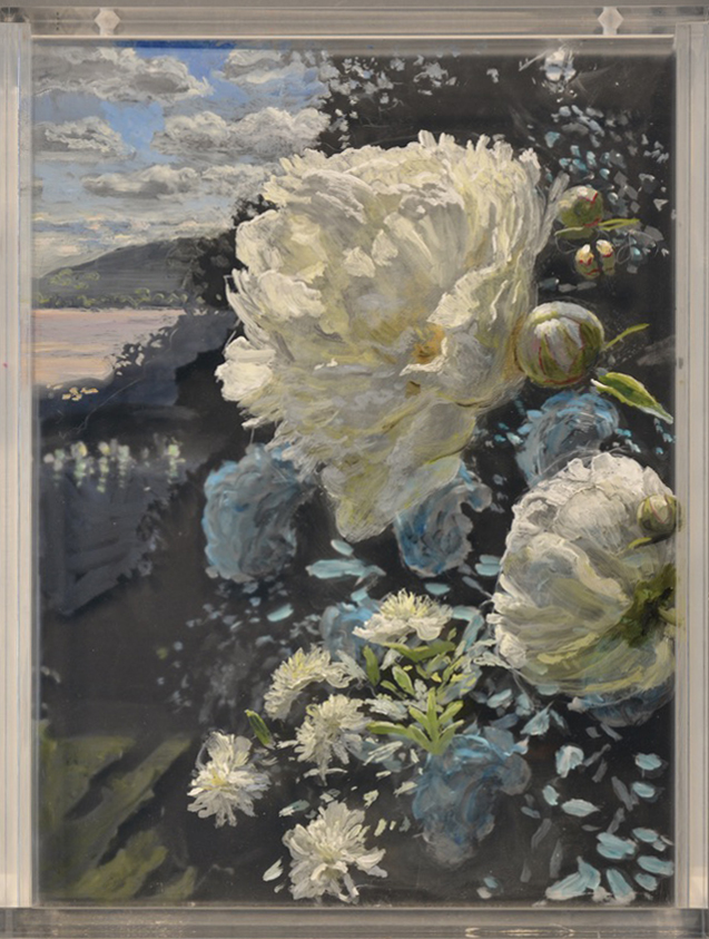 Martin Weistein, Peonies and Moonlight, 2020, acrylic pigment on acrylic panels, 11.5 x 14.5 x 5 inches