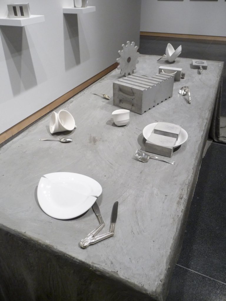 Jaroslava Prihodova, Dislocation (2016), concrete, porcelain, glass, wood, silver-plated brass, silver-plated nickel, sterling silver, steel and cotton, variable size (photo: courtesy of the artist)