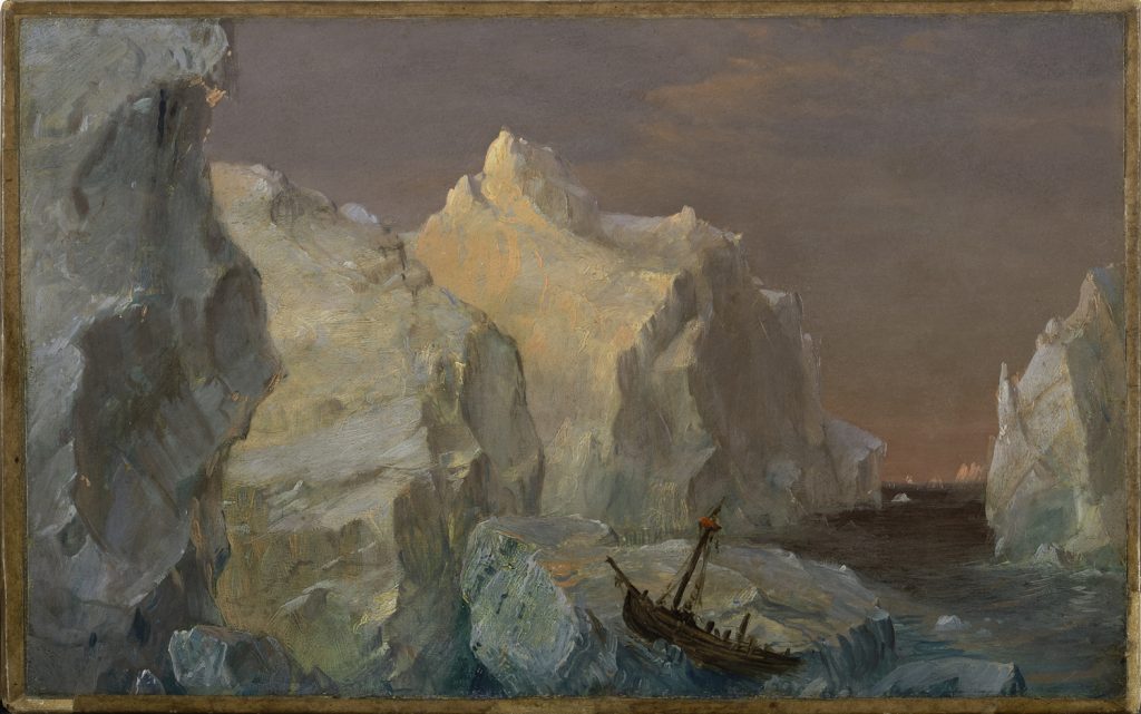 Frederic Edwin Church, "Icebergs and Wreck in Sunset," oil on paperboard mounted on canvas, 8 1/4 x 12 1/4 inches, 1860, Courtesy of Mnuchen Gallery, New York