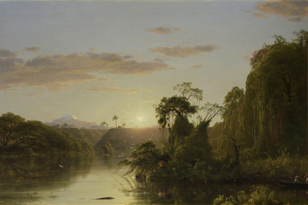 Frederic Edwin Church, "Scene on the Magdalena," oil on canvas, 28 1/4 x 42 inches, 1854, Courtesy of Mnuchin Gallery, New York