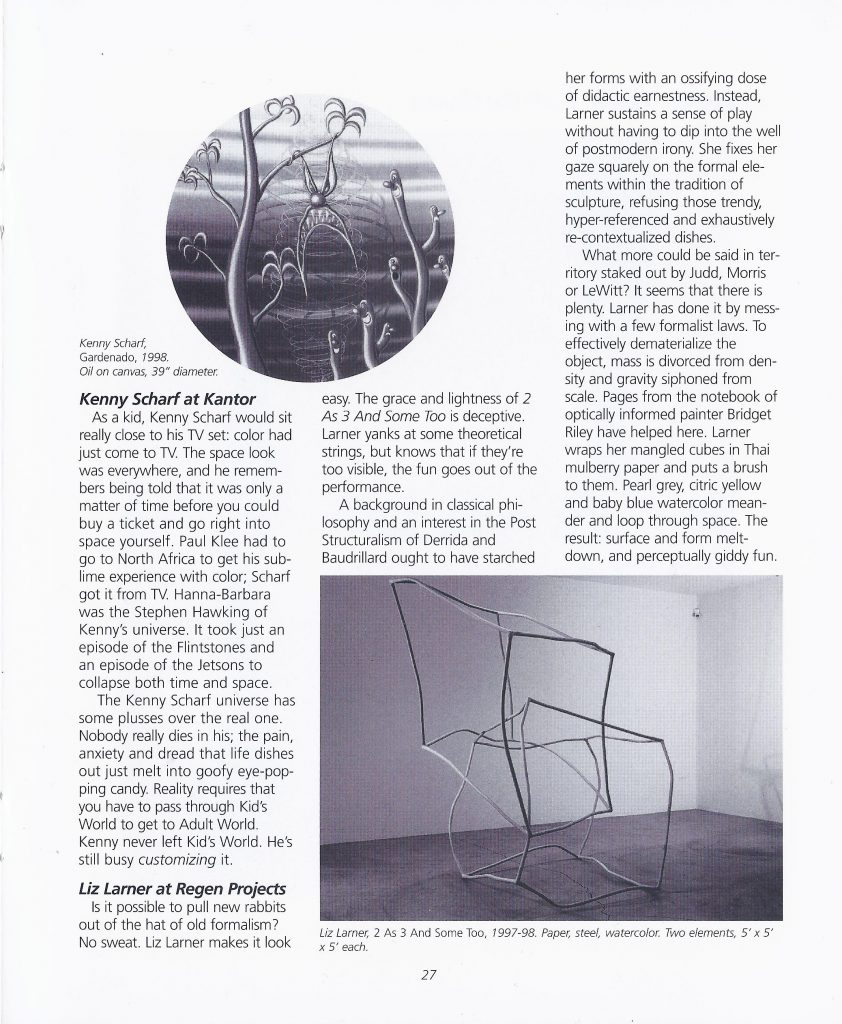 Scanned page from the Fall 1998 print edition of dArt International featuring reviews of Kenny Scharf at the Kantor Gallery and Liz Larner at Regen Projects in Los Angeles.