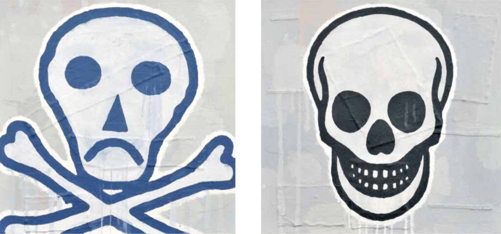 Left: Donald Baechler, Skull & Crossbones, 2009. Acrylic and fabric collage on canvas, 24 x 24 in. Right: Skull, 2009. Acrylic and fabric collage on canvas, 24 x 24 in. Courtesy of Donald Baechler Studio.