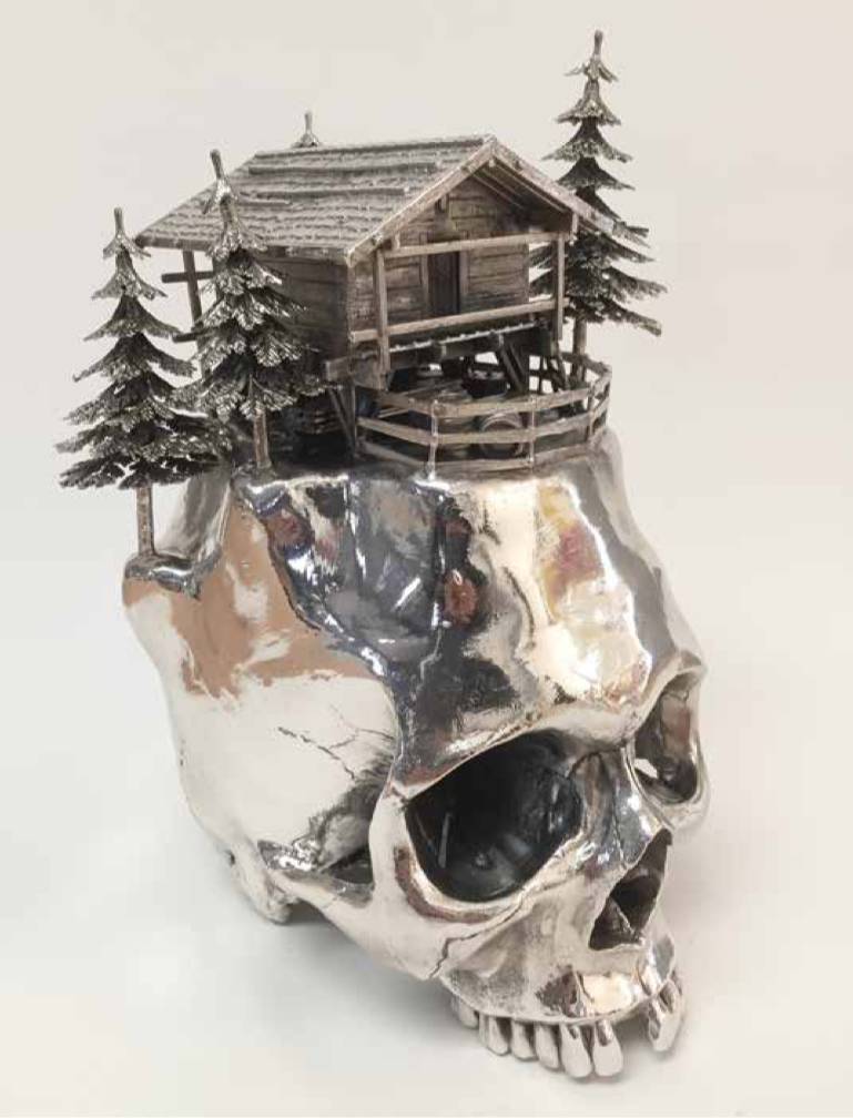 Frodo Mikkelsen, Untitled (Skull #3), 2018. Silver-plated mixed media, 9.6 x 5.9 x 7.9 in. Courtesy of the artist.
