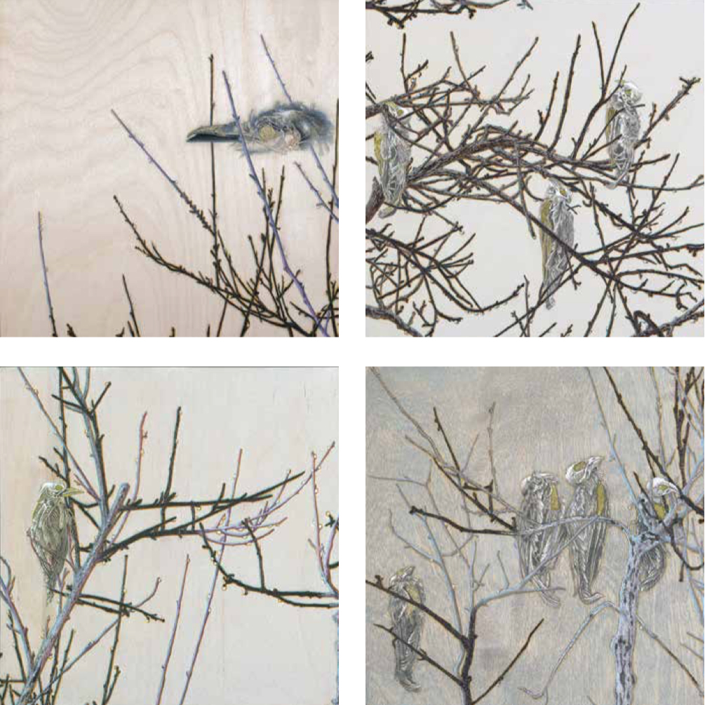 Bobbie Moline-Kramer, All That Remains (4 of 11 panels), 2010. Oil, graphite, gesso and wood burning on wood, 10 x 10 in. each. Courtesy of the artist.