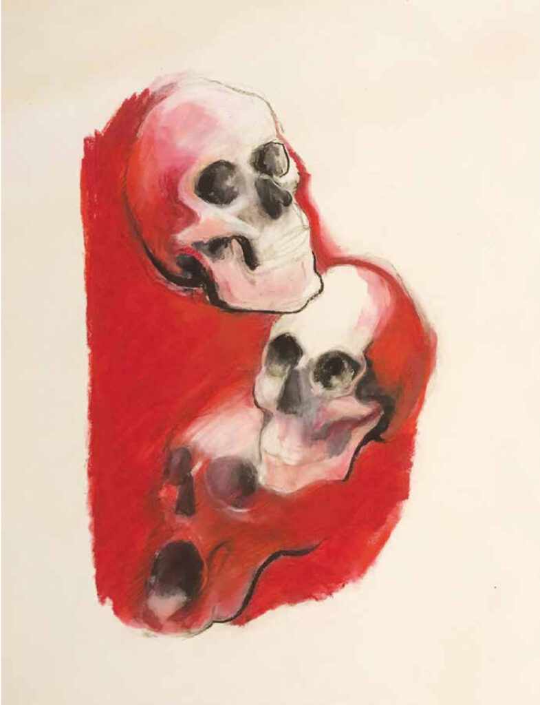 Sonia Stark, Three Female Skulls, With Lipstick Smear, 2020. Oil and pastel on arches paper, 26 x 19 in. Courtesy of the artist.