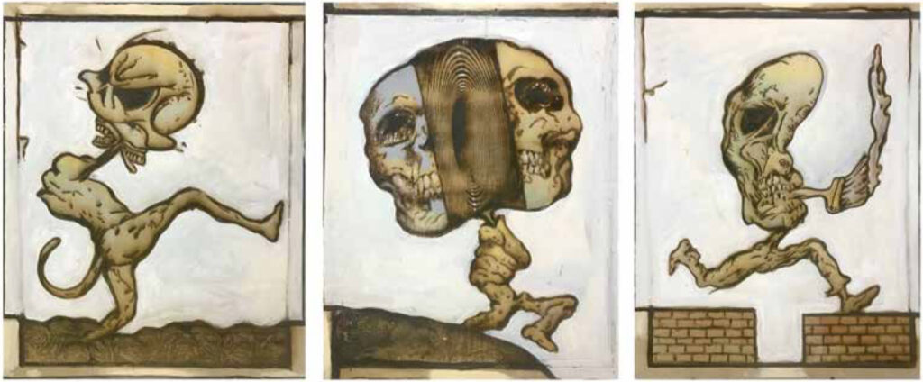 Michael Zansky, Three Studies for Marathon, 2006-2017. Oil and acrylic on carved plywood, 26 x 21 in. each. Courtesy of the artist