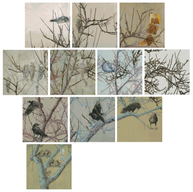 Untitled I © Bobbie Moline-Kramer ink, charcoal, gold paint on wood board 8" x 8".