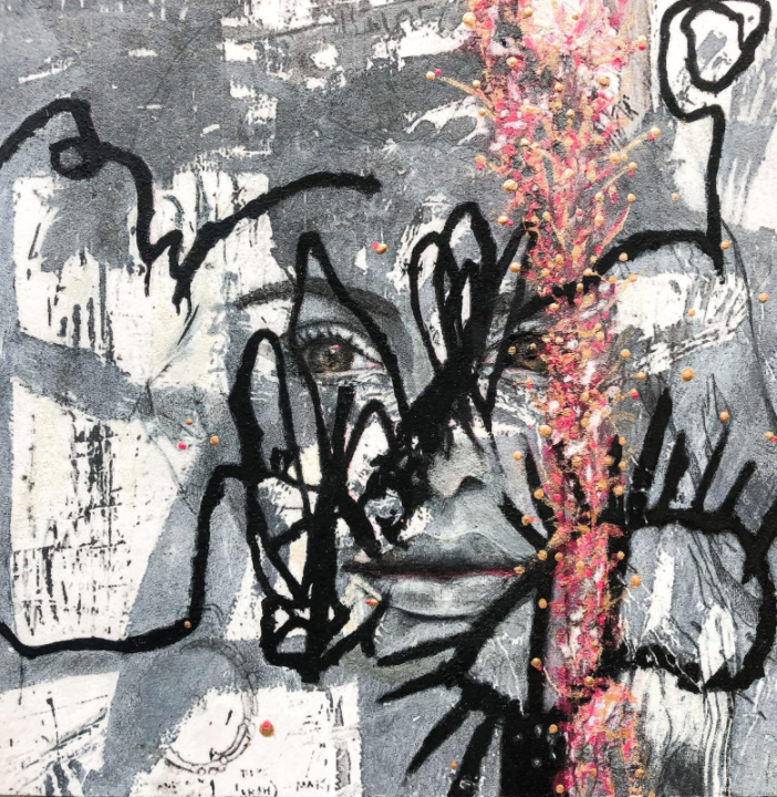 Untitled I © Bobbie Moline-Kramer ink, charcoal, gold paint on wood board 8" x 8"