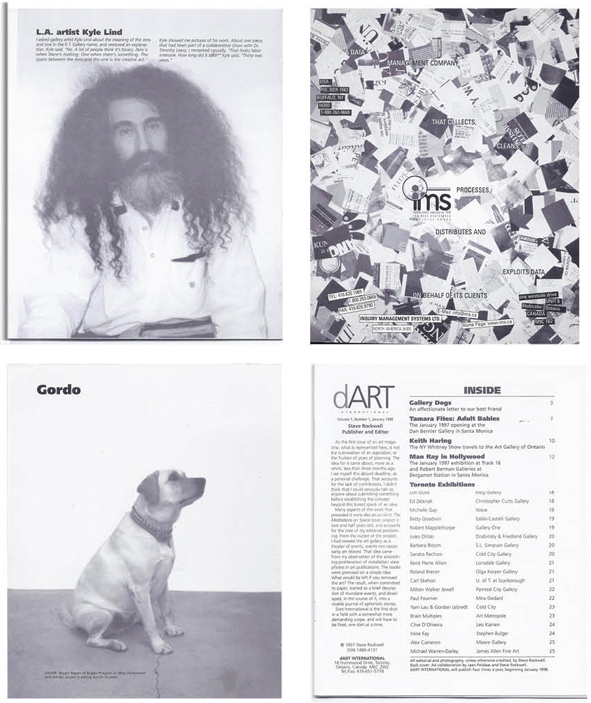 Top: Steve Rockwell, Premier Edition of dArt, 1989, page 26 and inside back cover. Above: Gordo (inside front cover) with facing editorial page, 8.5” x 7” each