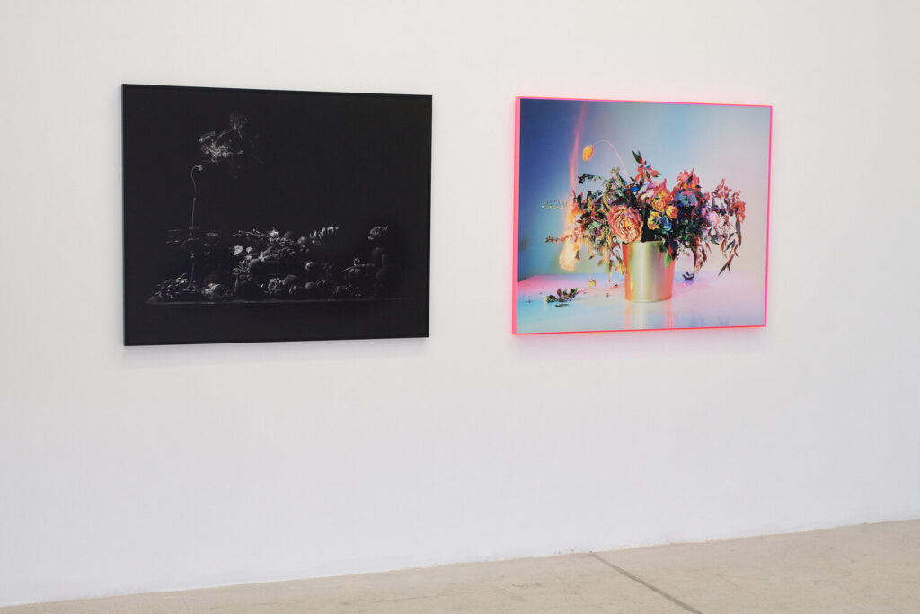 Installation view of Fire and Dust with Ryan Van Der Hout, Extinguished (left) and Amanda Arcuri, A Shot in the Dark 11 (right)