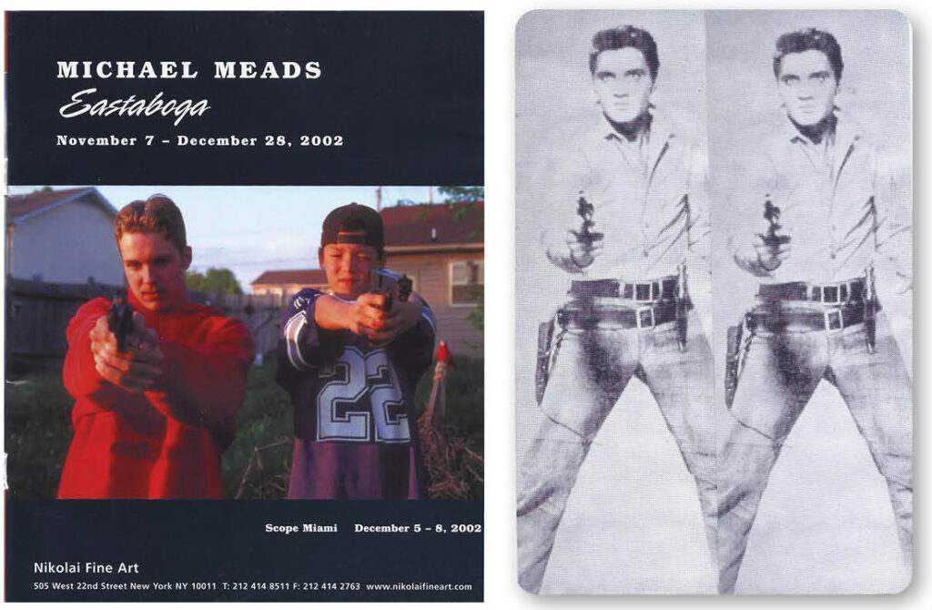 Michael Meads, Eastaboga, 2002, dArt magazine ad for Nikolai Fine Art and Playing Card Elvis (double), 2021, collage, 2.25” x 3.5” (from Andy Warhol’s 1963 Elvis)