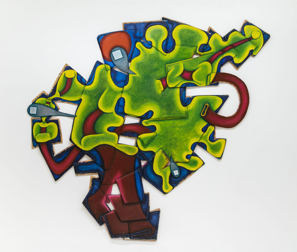 Elizabeth Murray, Riverbank,  1997, oil on canvas (four parts), 112 x 120 in. (284.5 x 304.8 cm). Collection of the @albrightknox, Sarah Norton Goodyear Fund, 1997 (1997:10)