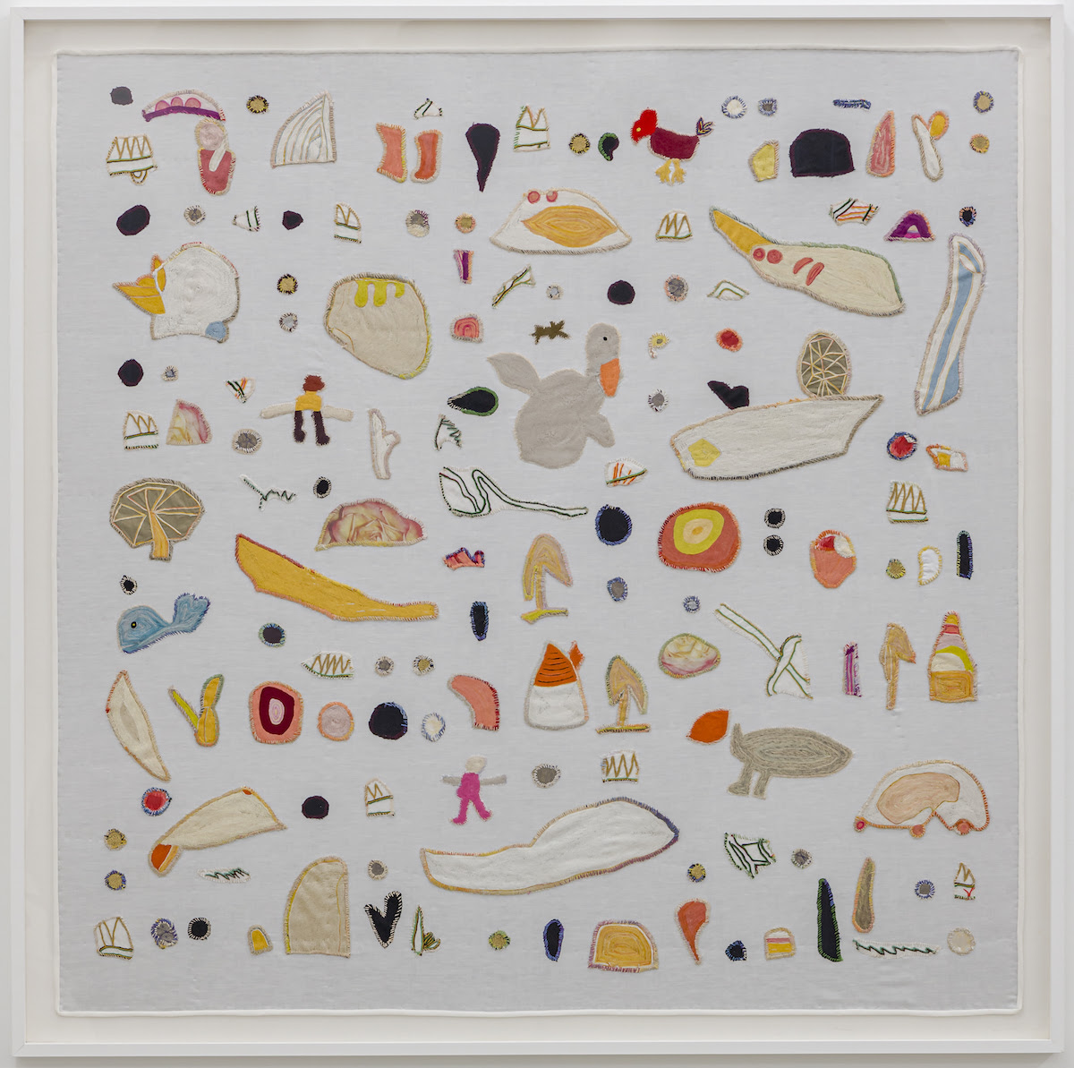 Anna Torma, Abandoned Details VI, 2008, hand embroidery with silk threads and appliqué on linen, 58 x 58 in. Produced with support of the Esker Foundation Commission Fund