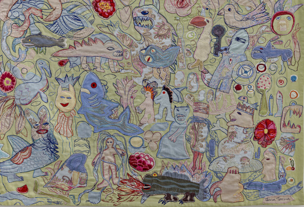 Anna Torma, Green Saga, 2021, 2 layers of linen with silk threads, appliqué and reverse appliqué, hand embroidered collage, 39 x 55 in