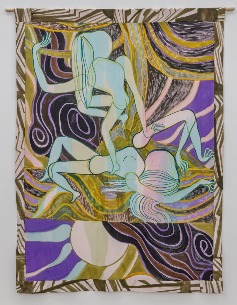 Emma Talbot, Island Of Grief, Don't Let Your Dreams Die, 2021, acrylic on silk, 75 x 57 in