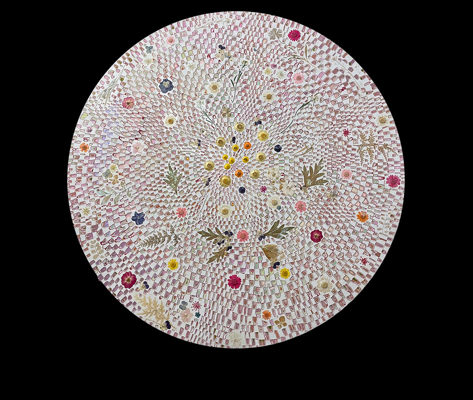 Jean Rim, August (2021), mixed medium and dried flowers on wood, 36 inch diameter