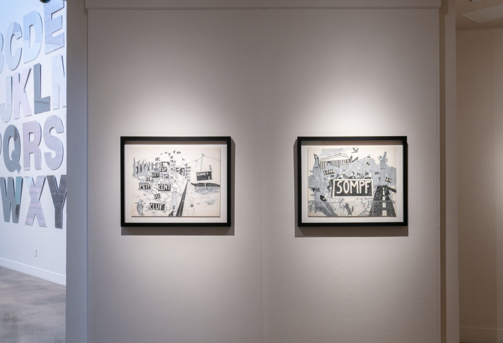 Left: Roland Bernier, Untitled (Cluf) (1969), 19 x 24 inches, pen and ink drawing; Right: Roland Bernier, Untitled (Sompf) (1969), 18 x 24 inches, pen and ink drawing, (Represented by Walker Fine Art)