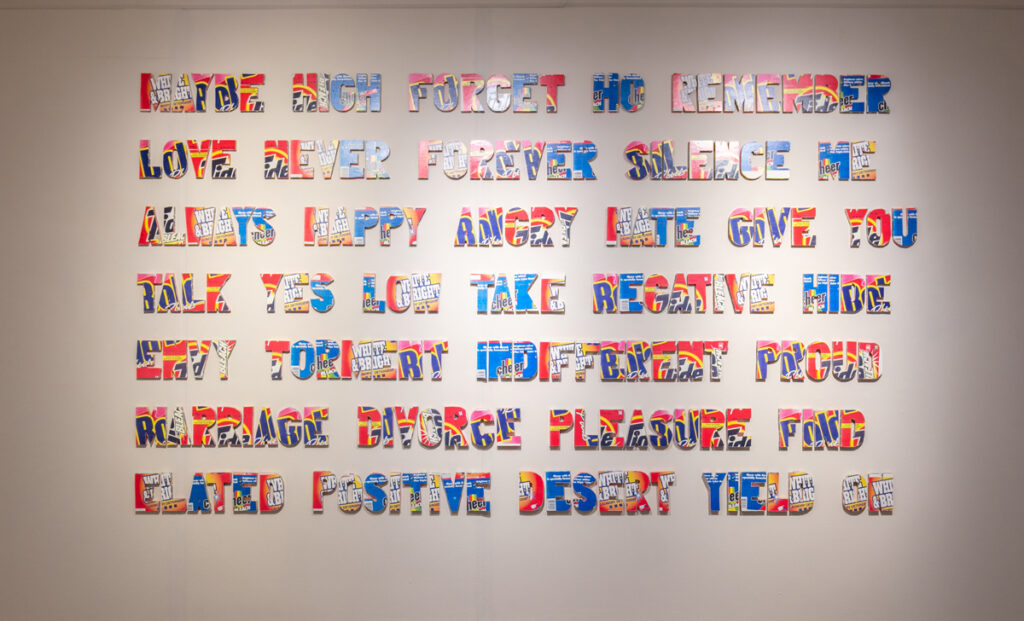 Left: Roland Bernier, Soap Opera (1997), 50 x 120 inches, mixed media, Xerox and wood, (Represented by Walker Fine Art)