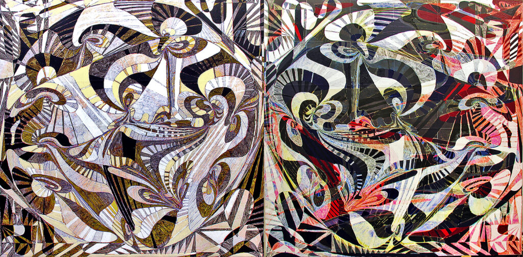 Viva Calabi-Yau Binary Fred Gutzeit (2009) Acrylic on paper on canvas, Diptych 72” x 144”
Published courtesy of the artist and The Catherine Fosnot Art Gallery, New London CT