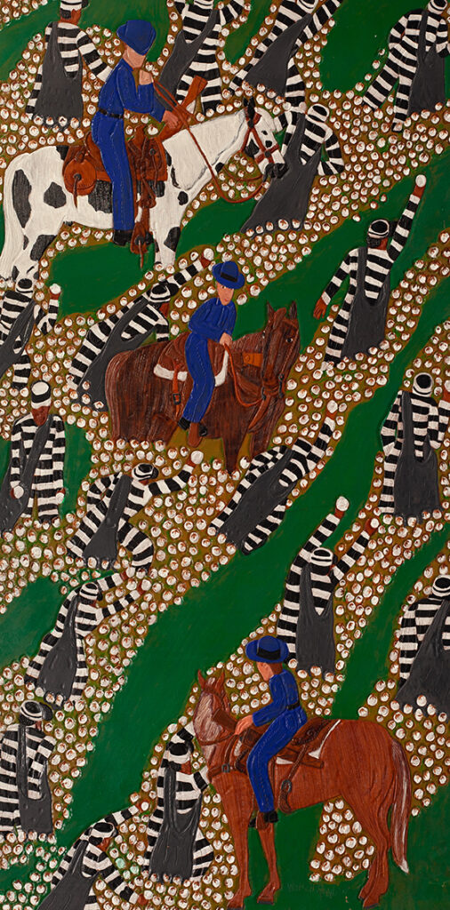 Winfred Rembert, Picking Cotton with Boss Man, 2007, dye on carved and tooled leather, 58.5 x 30.25 inches