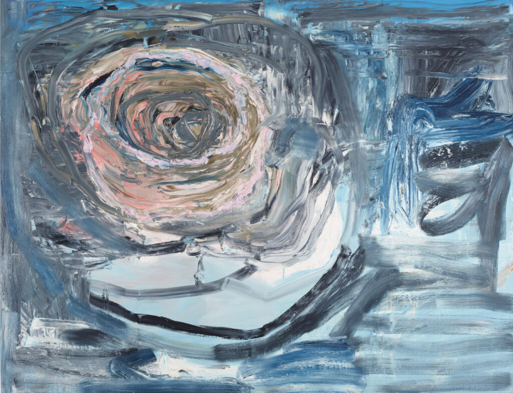 Margaret Evangeline, Disintegrating Camellia with Pink Aura #1, oil on canvas, 59" x 75"