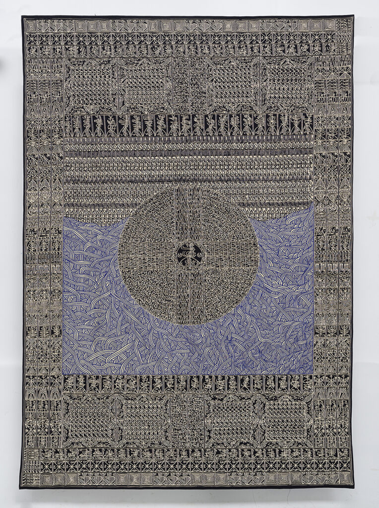 Rachid Koraïchi, Jardin d'Afrique, 2021, woven tapestry, 129.92 x 90.94 in. Courtesy of Aicon Art 