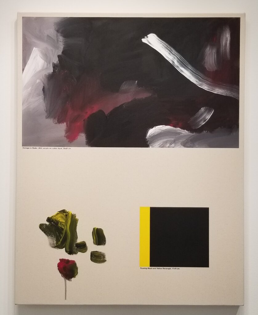 Luke Gray, Homage to Ryder with Floating Black and Yellow Rectangle, Scumble,  
Brushmarks, and Drip, 2022, 32 x 25”