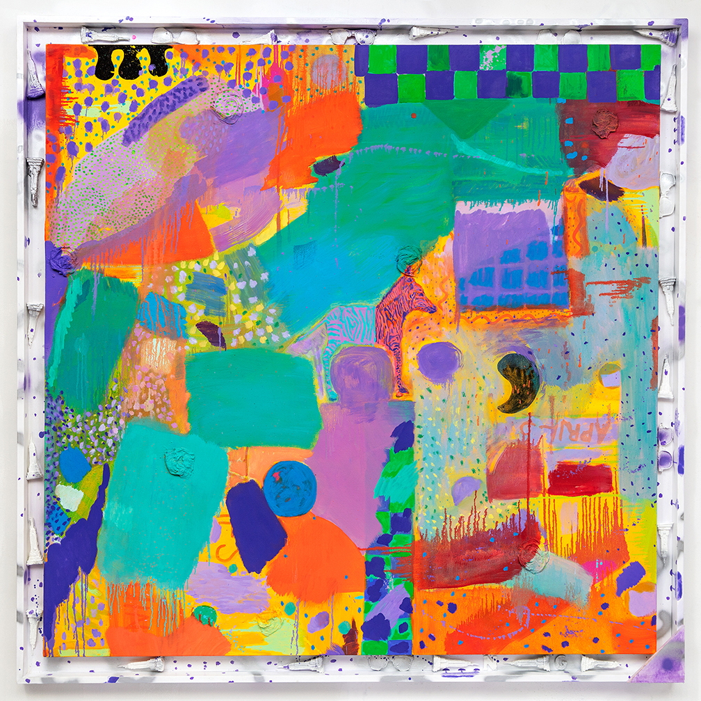 Nora Griffin, Empire State (Zebra), 2022, oil on canvas, modeling paste, Flashe, epoxy, spray paint, artist frame, 69 1/2h x 69 1/2w inches, 176.53h x 176.53w cm