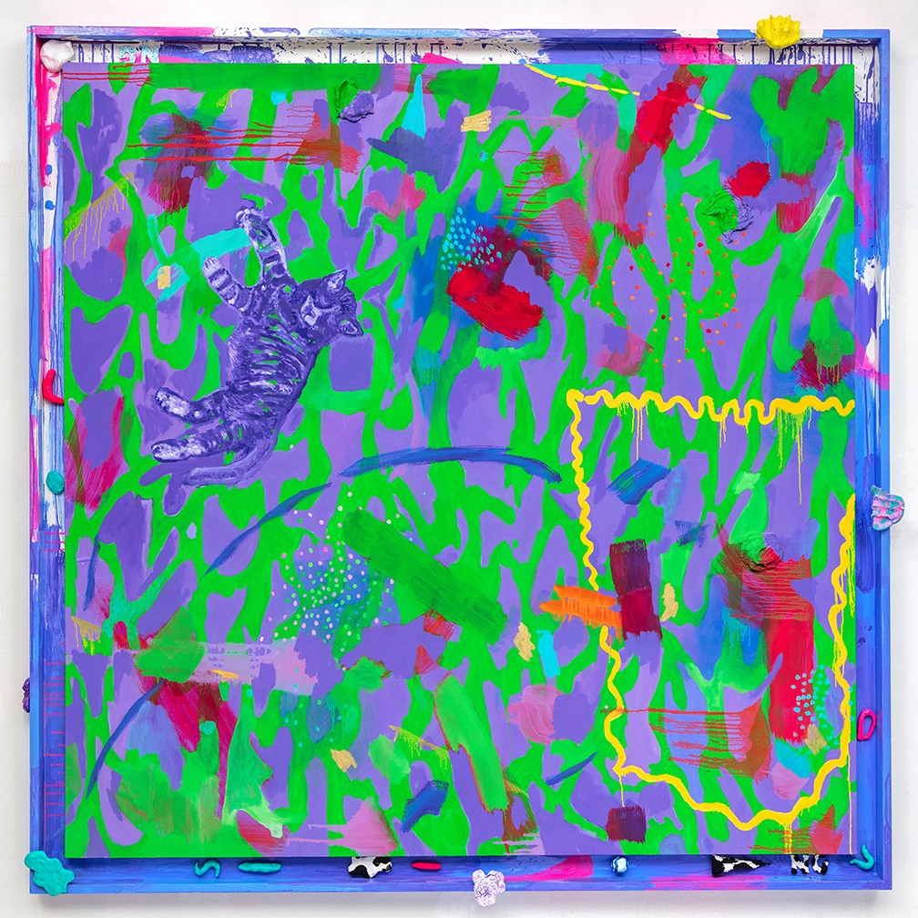 Nora Griffin, Liquid Days (zzz Cat), 2022, oil on canvas, modeling paste, Flashe, epoxy, spray paint, artist frame, 69 1/2h x 69 1/2w inches, 176.53h x 176.53w cm