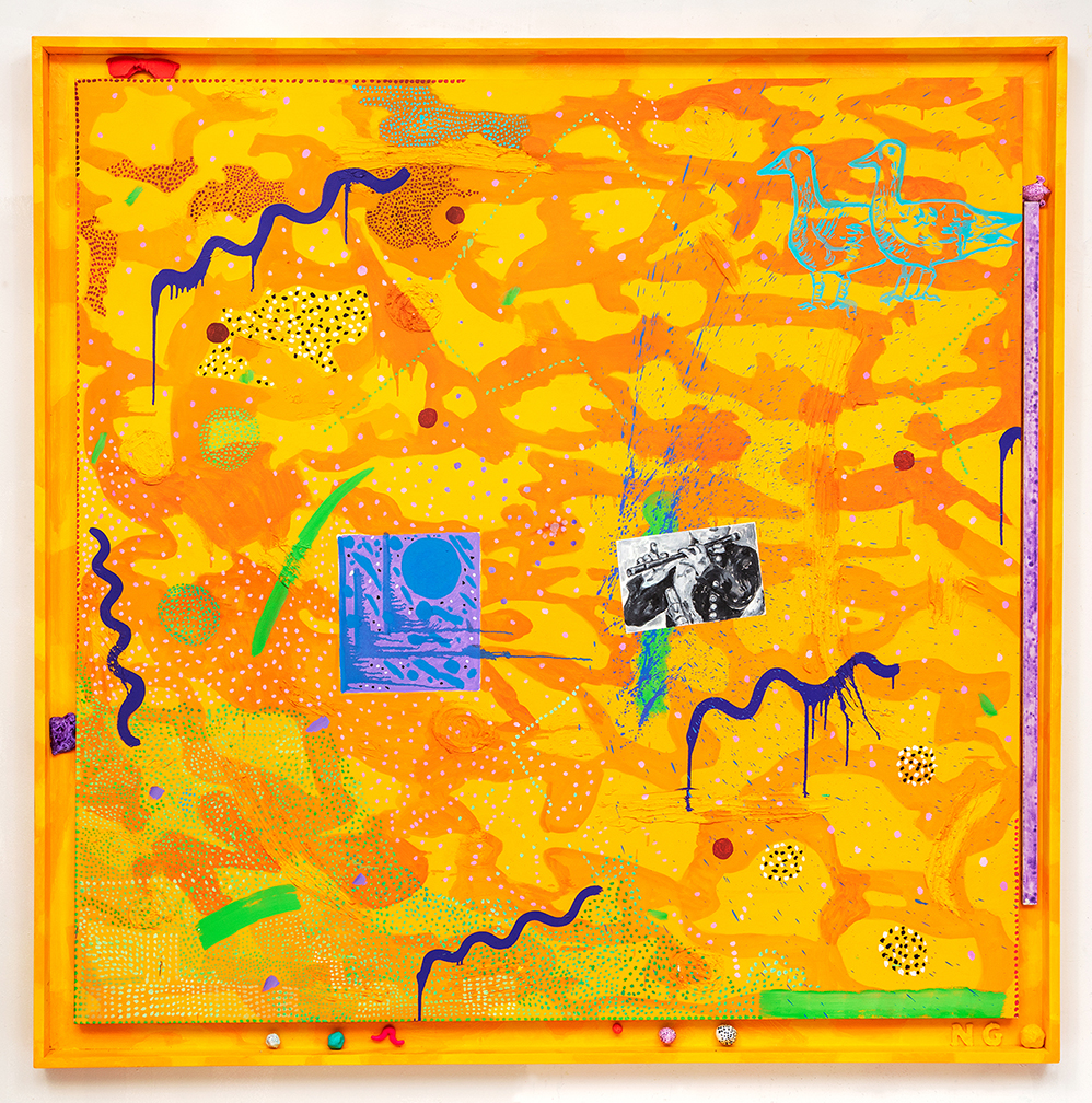 Nora Griffin, Glass Flute, 2022, oil on canvas, modeling paste, Flashe, epoxy, spray paint, artist frame, 69 1/2h x 69 1/2w inches, 176.53h x 176.53w cm