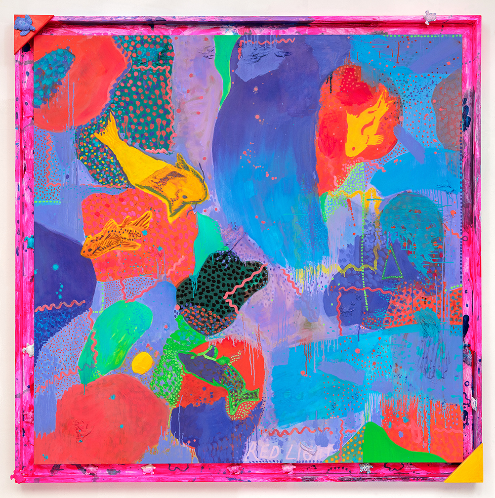 Nora Griffin, Koi, 2022, oil on canvas, modeling paste, Flashe, epoxy, spray paint, artist frame, 69 1/2h x 69 1/2w inches, 176.53h x 176.53w cm