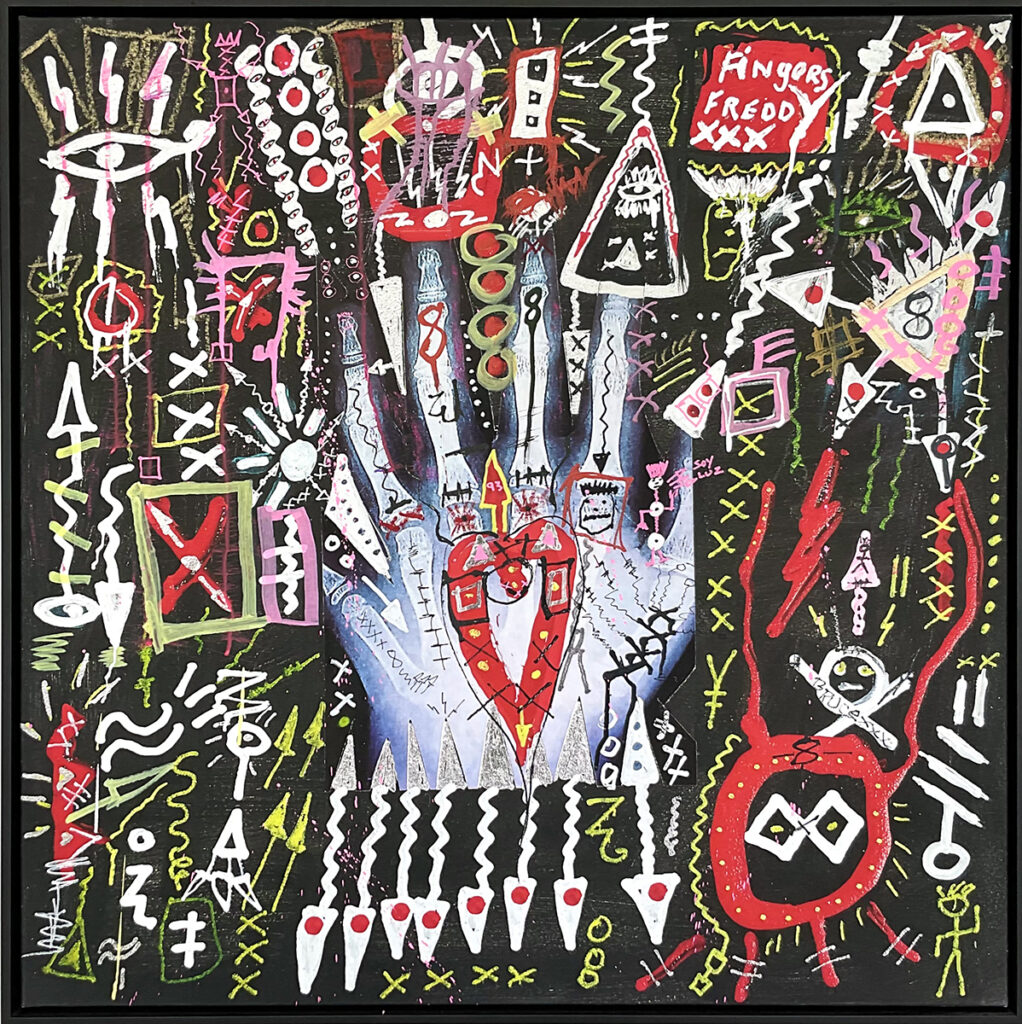 Yul Vazquez, Fingers Freddy (2021), mixed media on printed canvas, 37 x 37 inches, courtesy of Red Fox Enterprises, Inc