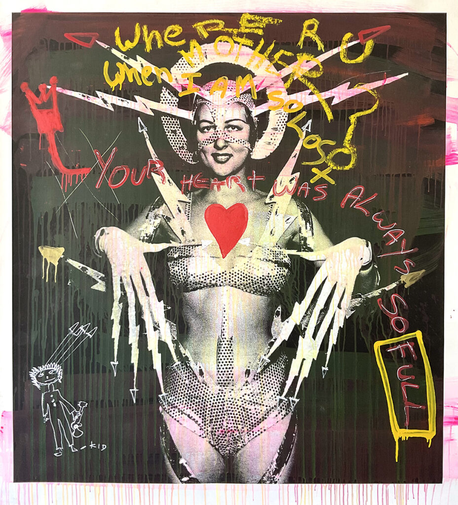 Yul Vazquez, Mother (2022), mixed media on printed canvas, 52 x 52 inches, courtesy of Red Fox Enterprises, Inc