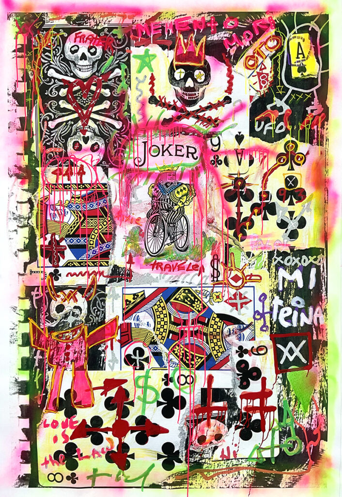 Yul Vazquez, Joker (2022), mixed media on printed canvas, 75 x 52 inches, courtesy of Red Fox Enterprises, Inc