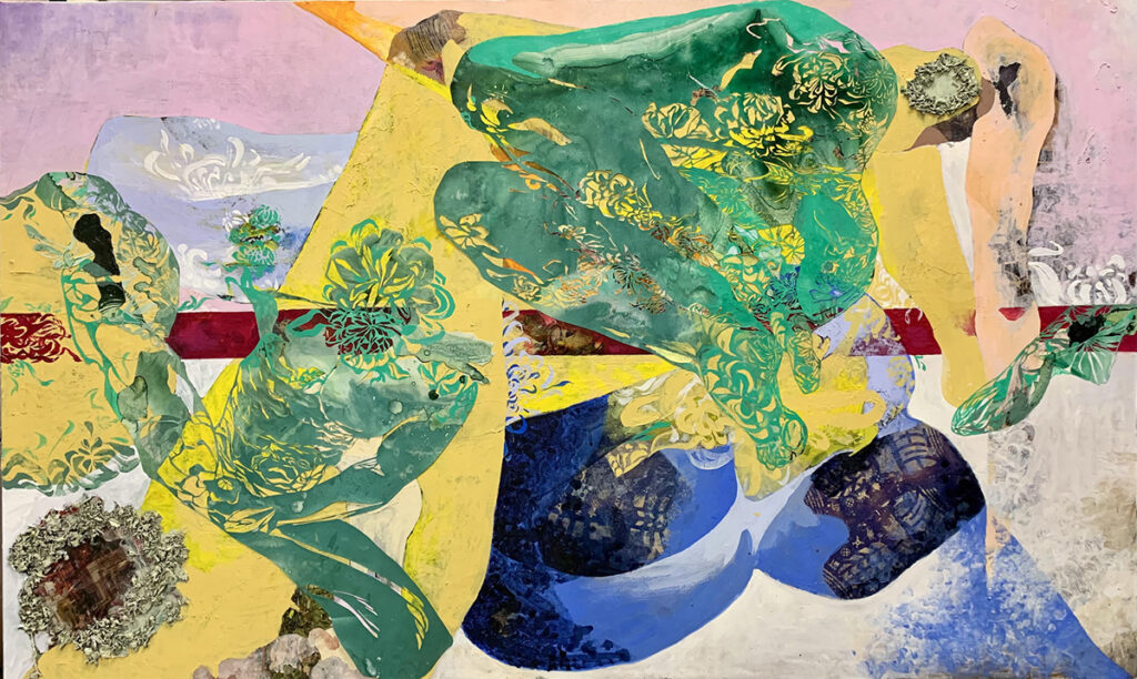 Yoahn Han, Taboo (2021), mica, Acryla gouache, watercolor, paper pulp, yupo paper and resin on panel, 36” x 60”