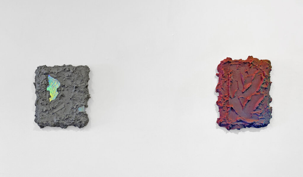 Left: Tyler Matheson, Oblivion 8, 2022, mixed media on canvas,, 12 x 10 inches. Right: Tyler Matheson, Parallax (Red, Blue, Geen), 2020, tiling grout and spray paint on board, 12 x 10 inches