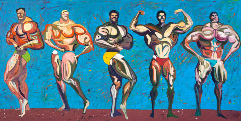 Harold Town, Muscle Men #3,  1981, oil and lucite on canvas, 60 x 120 inches