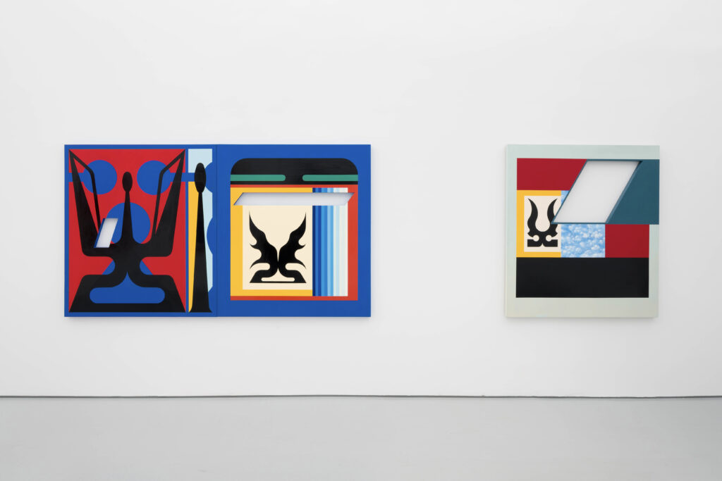 Installation view from left:  Francesco Igory Deiana Untitled, 2023, acrylic, one shot enamel, latex paint on wood, 137 x 244cm, 54" x 96", unique and, Untitled, 2023, acrylic, one shot enamel, latex paint on wood, 137 x 122cm, 54" x 48", unique