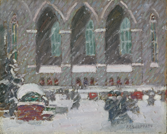 Peter Clapham Sheppard, Snowstorm Montreal, c. 1921, oil on panel, 21.6 x 26.7 cm