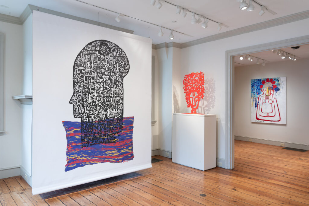 VictorEkpuk, In Deep Water, ca. 2012, printed 2023, digital drawing printed on canvas + two other works. Image courtesy of Princeton University Art Museum-photo Joseph Hu