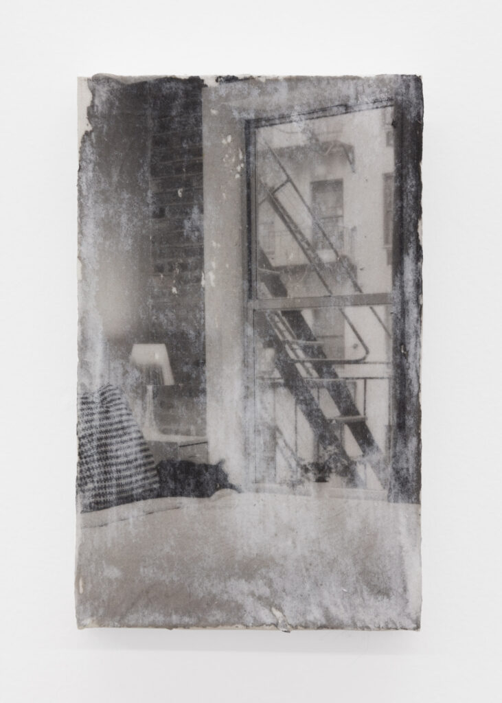 Garrett Lockhart, Fire Escape, 2023, inkjet transfer on cotton over board, 5 x 7 inches, 12.7 x 17.78 cm