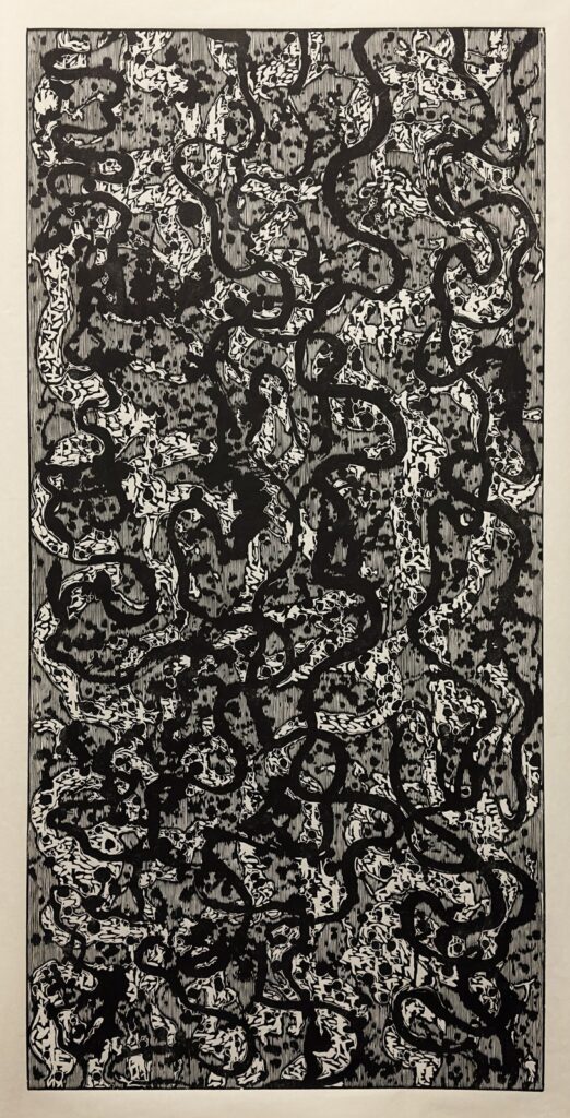 Bill Pangburn, Jaguars Love to Swim, 2024, woodcut, 67x32 in.
Photo: Courtesy of the artist