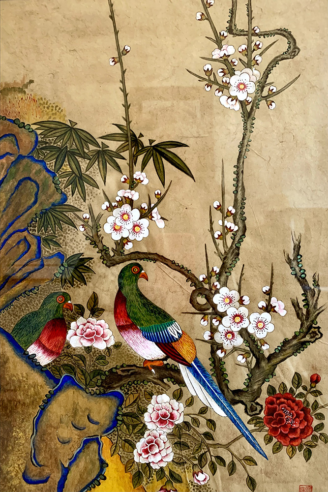 Birds and Plum tree, 2020, Asian watercolors, coffee stain on Hanji, 23.5 x 17.5 in. w/frame