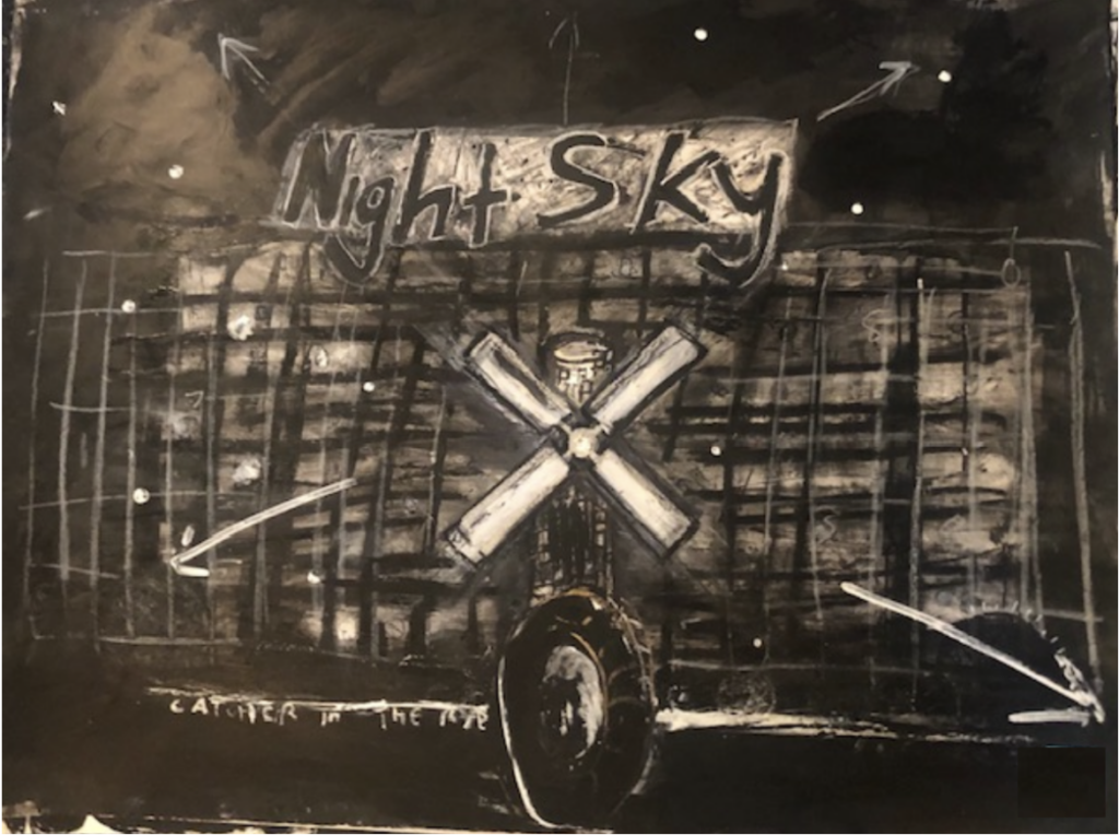 John Scott, Night Sky, 2022, mixed media on paper mounted to canvas 38 x 50 inches (one of the last works to be created by John Scott)