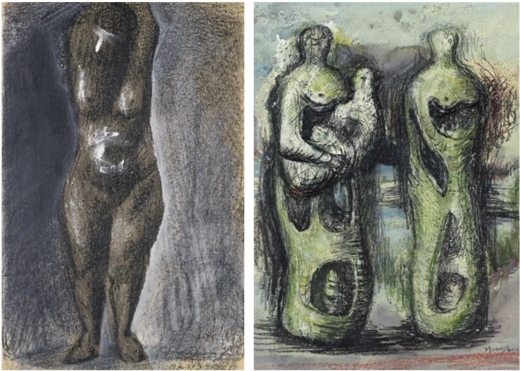 Marino Marini, Pomona, 1943, oil, pastel and black crayon on paper (15.12 x 11.12 inches) (left) - Henry Moore, Two Women and a child, 1940, pencil, wax crayon, coloured crayon, watercolour wash and ink (15.75 x 11.75 inches) (right)