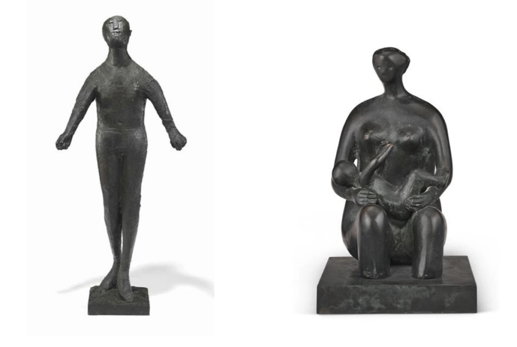 Marino Marini, Ballerino, 1954, Bronze with dark brown patina (left) Henry Moore, Mother and child, 1980, Bronze with dark brown patina (right)